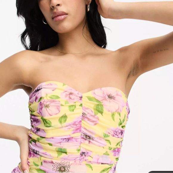 ASOS Design Mesh Ruched Bandeau Strapless Maxi Floral Dress Size 6 - Picture 2 of 14